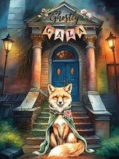 ACEO halloween fox-  haunted house gala, miniature artist trading card 2.5x3.5