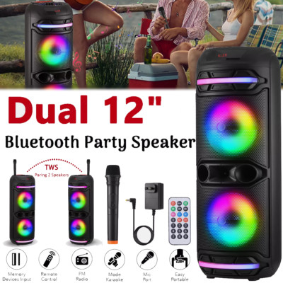 Dual 12'' Bluetooth Party Speaker Karaoke System w/ Mic USB AUX FM and LED Lights