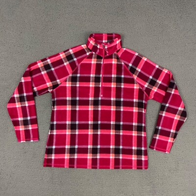 Eddie Bauer Fleece Sweater Womens Large Berry Pink Plaid 1/2 - Main Image