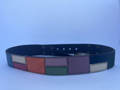 NWT Vintage 90s Y2k Lucky Brand patchwork leather belt brass buckle sz 32 boho - Picture 2 of 15