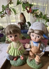 Vintage  Boy with Bird and Slingshot And Girl With Bird House  Made In Korea