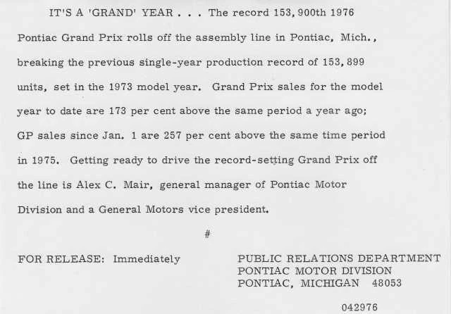 1976 Pontiac Grand Prix Press Photo and Release 0039 - Alex Mair - Image 2 of 2