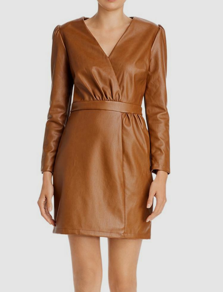 $227 Lucy Paris Women's Brown Faux Leather Puff-Sleeve V-Neck Mini Dress Size M