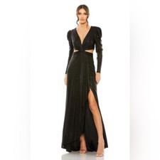 NWT IEENA Mac Duggal Long Sleeve Pleat Charmeuse CutOut Black Gown