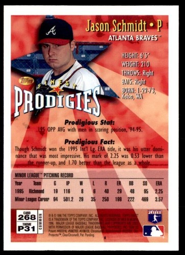 1996 Finest Jason Schmidt Atlanta Braves #268  NEW - Picture 2 of 2