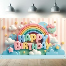 Pastel Rainbow Birthday Party Backdrop Cute Cloud Star Banner Happy Birthday Dec