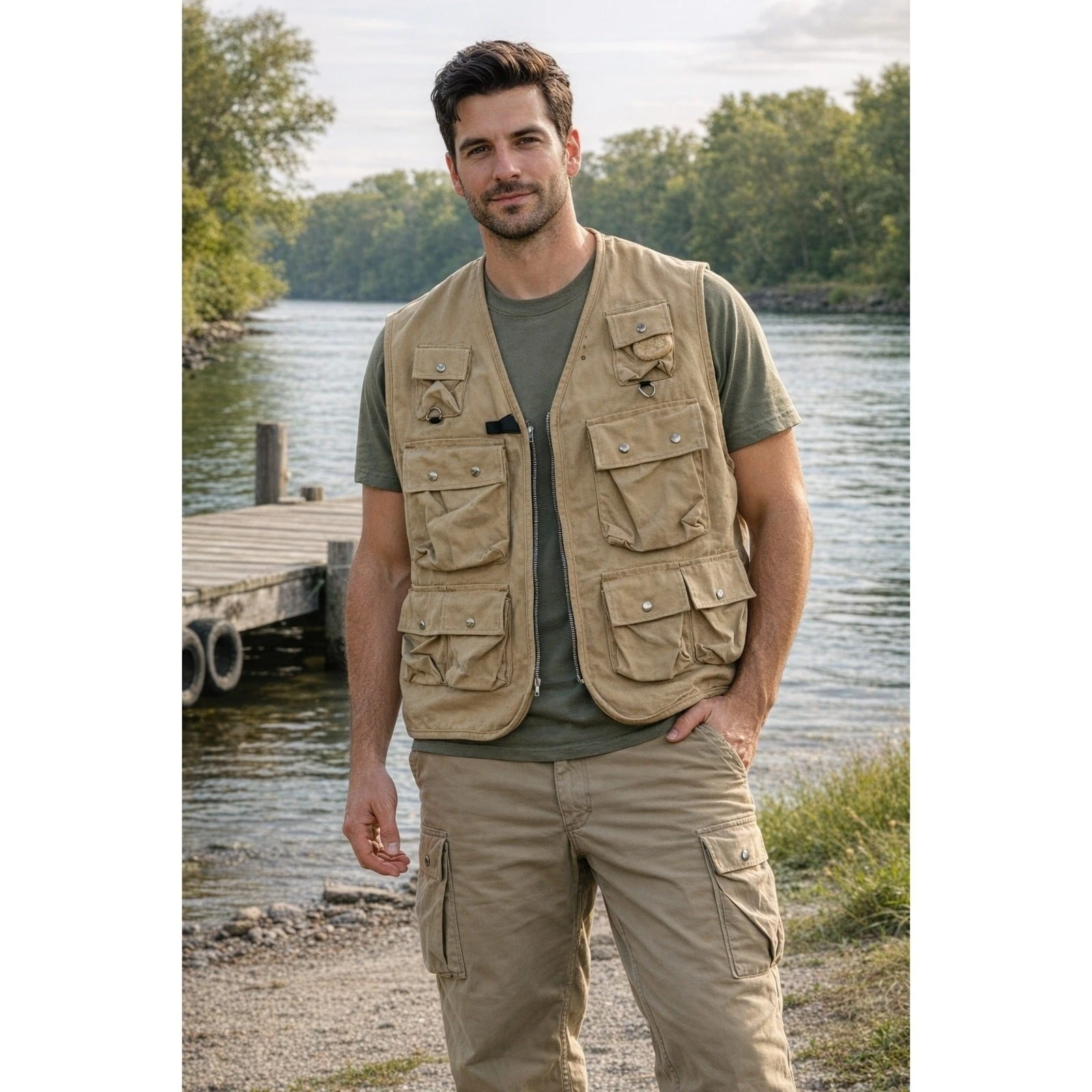Vintage 60s Duck Canvas Fishing Vest 2XL XXL Tan Cargo Utility Western Trails
