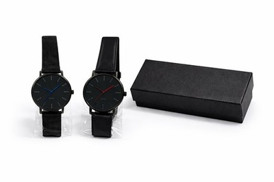 Geneva Mens Watch Set Black Mesh Minimalist 2 Pack Red Blue Accent Gift Box