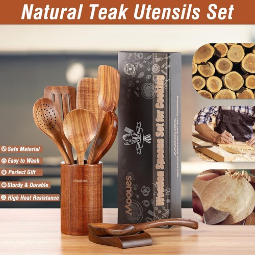 9 Piece Natural Teak Wooden Kitchen Utensil Set with 9 PCS SET, Wood - Picture 3 of 7