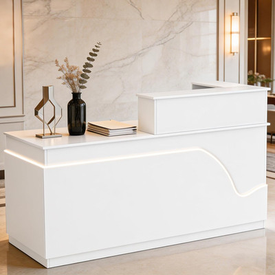 L-Shaped Reception Desk, Modern White High Gloss Front Desk with LED Lights, Loc