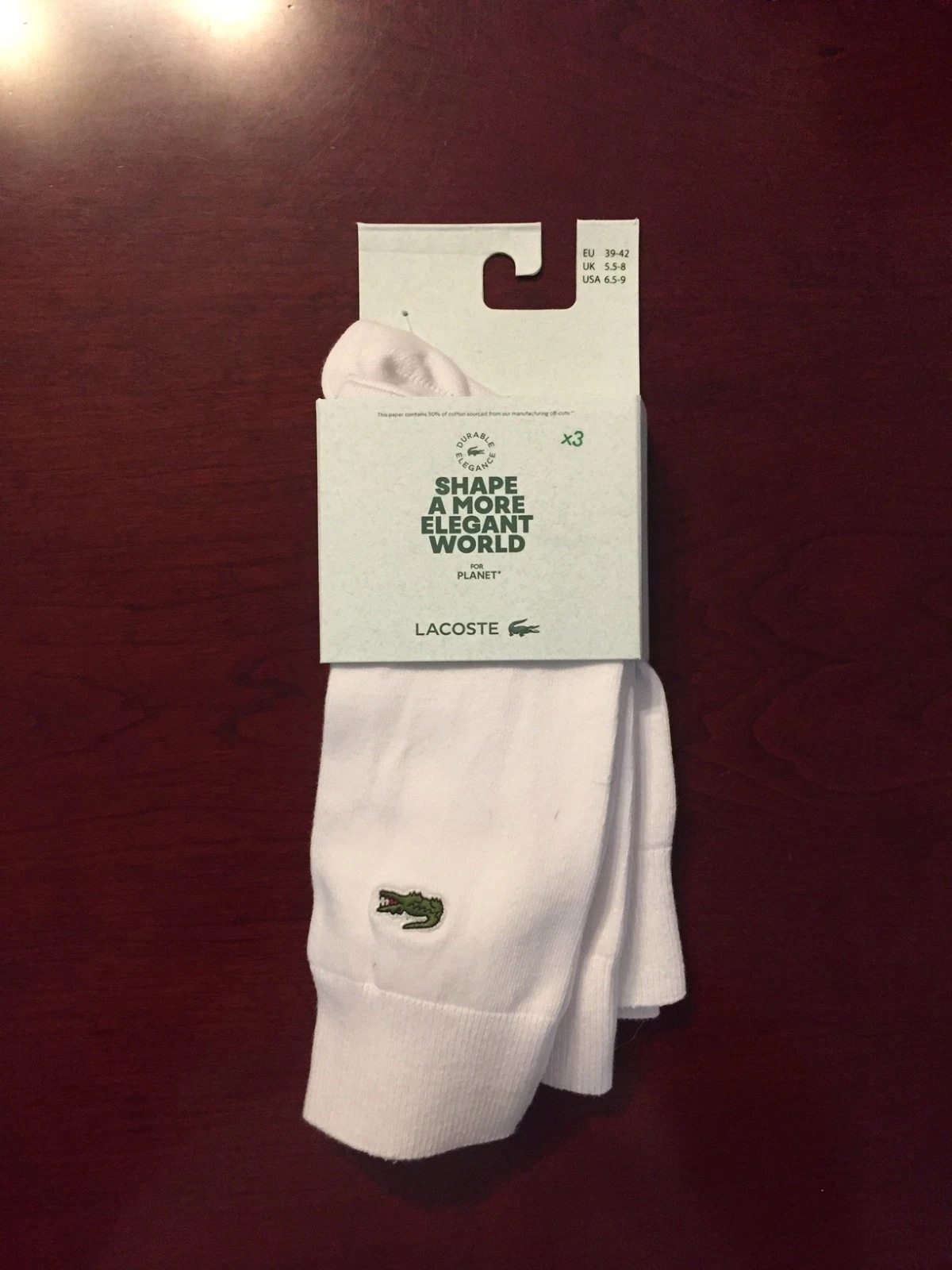 NEW Lacoste 3 Pack Size 6.5 - 9 White Logo Cuff Crew Socks NWT