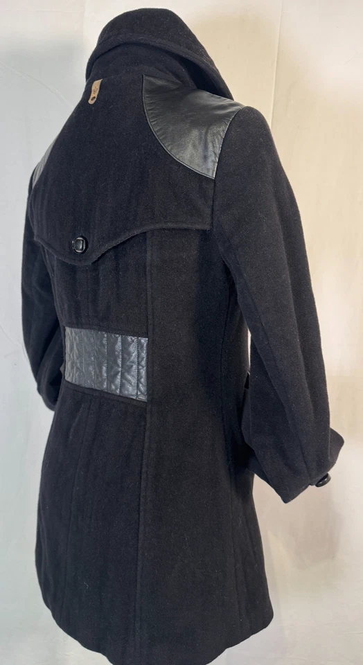 Vintage 90s Mackage Black Wool Blend Leather Trim Button Down Coat Jacket Sz S - Image 4 of 4