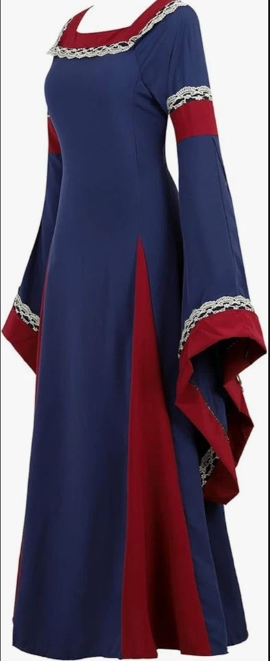 Frawirshau Medieval Goth Renaissance Dress Cosplay Gown Blue Red Gold Trim Small - Image 2 of 4