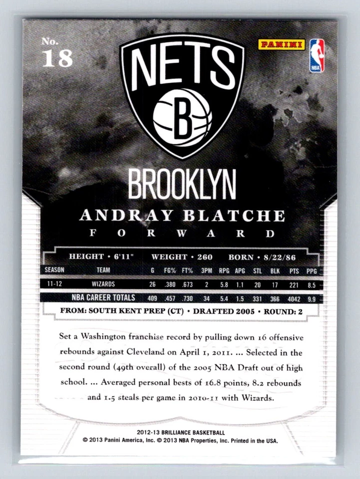 2012 Panini Brilliance #18 Andray Blatche Brooklyn Nets - Image 2 of 2