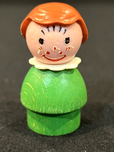 Vintage Original Fisher Price Little People Green Wooden Base Brown Bob Hair