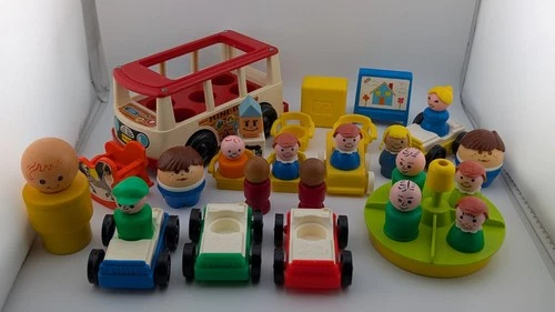 Vintage Fisher Price Little People Lot  cars, bus, chairs, Merry go round 30pc