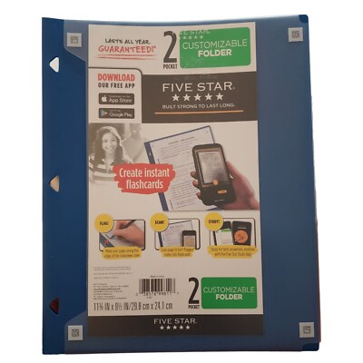 New Mead Five Star Blue Plastic Customizable 2 Pocket Folder Create Flashcards