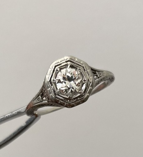 Diamond Engagement Ring Edwardian Old European filigree .59 ct antique - Picture 3 of 7