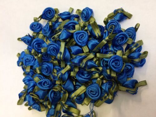 10 X Mini Small Royal Blue Satin Ribbon Rose Buds Flowers with Green Leaves - Picture 1 of 4