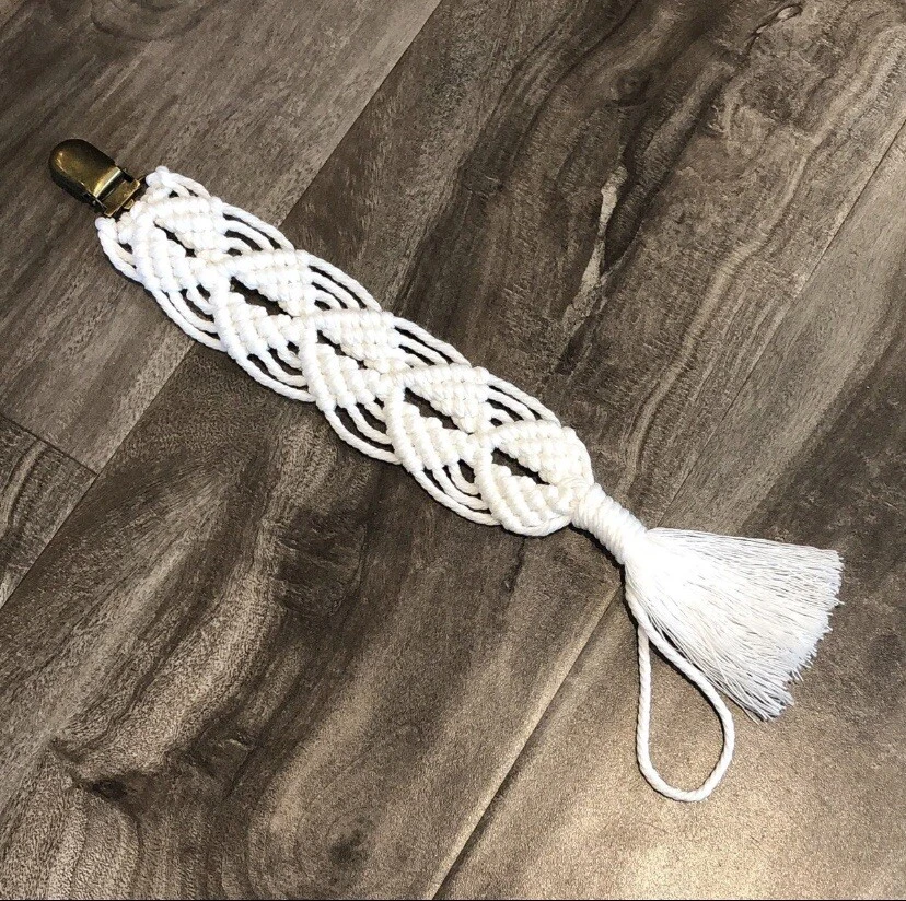 Set of 2 - Handmade Macrame Pacifier Clips - White - Image 2 of 4