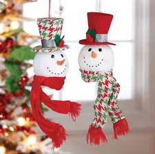 RAZ Imports~8" Holly & Houndstooth Snowman Head Top Hat Christmas Ornament~Set 2