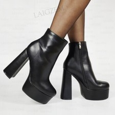 Women Ankle Boots Round Toe Block Chunky High Heels Short Booties Unisex Shoes