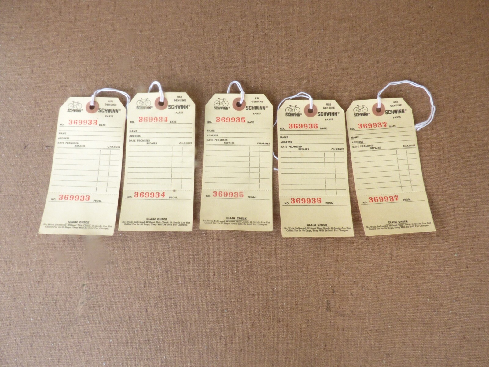 5 Schwinn Repair Tags **NOS**