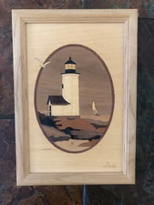 Hudson River Wood Inlay Marquetry Picture Cape Ann MA Lighthouse Nelson