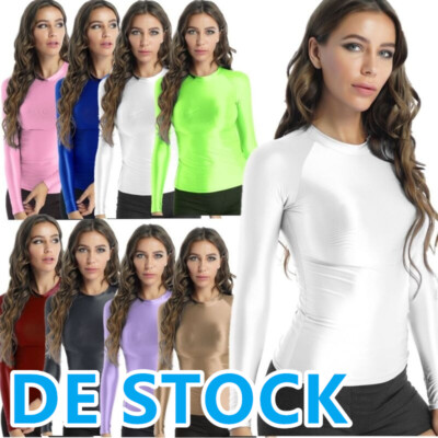 DE ranrann Damen Metallic Tops Langarm Shirt Glitzer T-Shirt Lässig Nachtclub