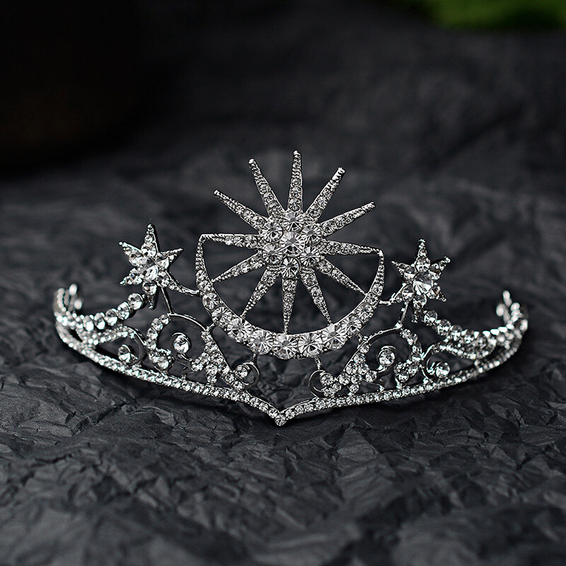 The Crescent Moon and Stars Crystal Tiara Fantasy Tiara MONA Customizable - Gold Moons & Stars, Teal  main image 3