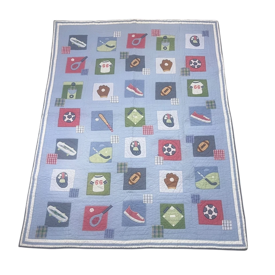 Pottery Barn Kids Boys Sports Patchwork Quilt Bed Blanket FLAW Blue Twin 68x86 - Image 2 of 4