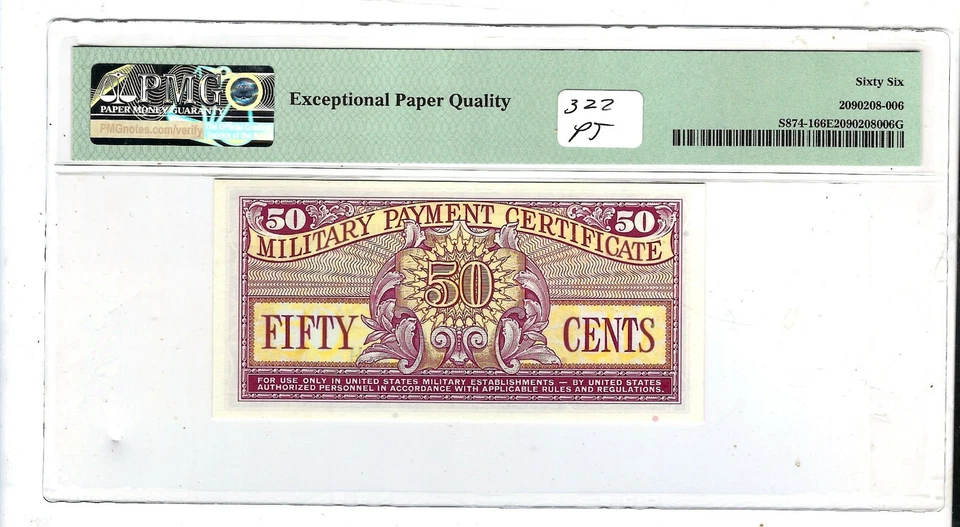 US MPC Military Payment Certificate 50 Cent Note series 611 Pmg 66 EPQ - Image 2 of 2