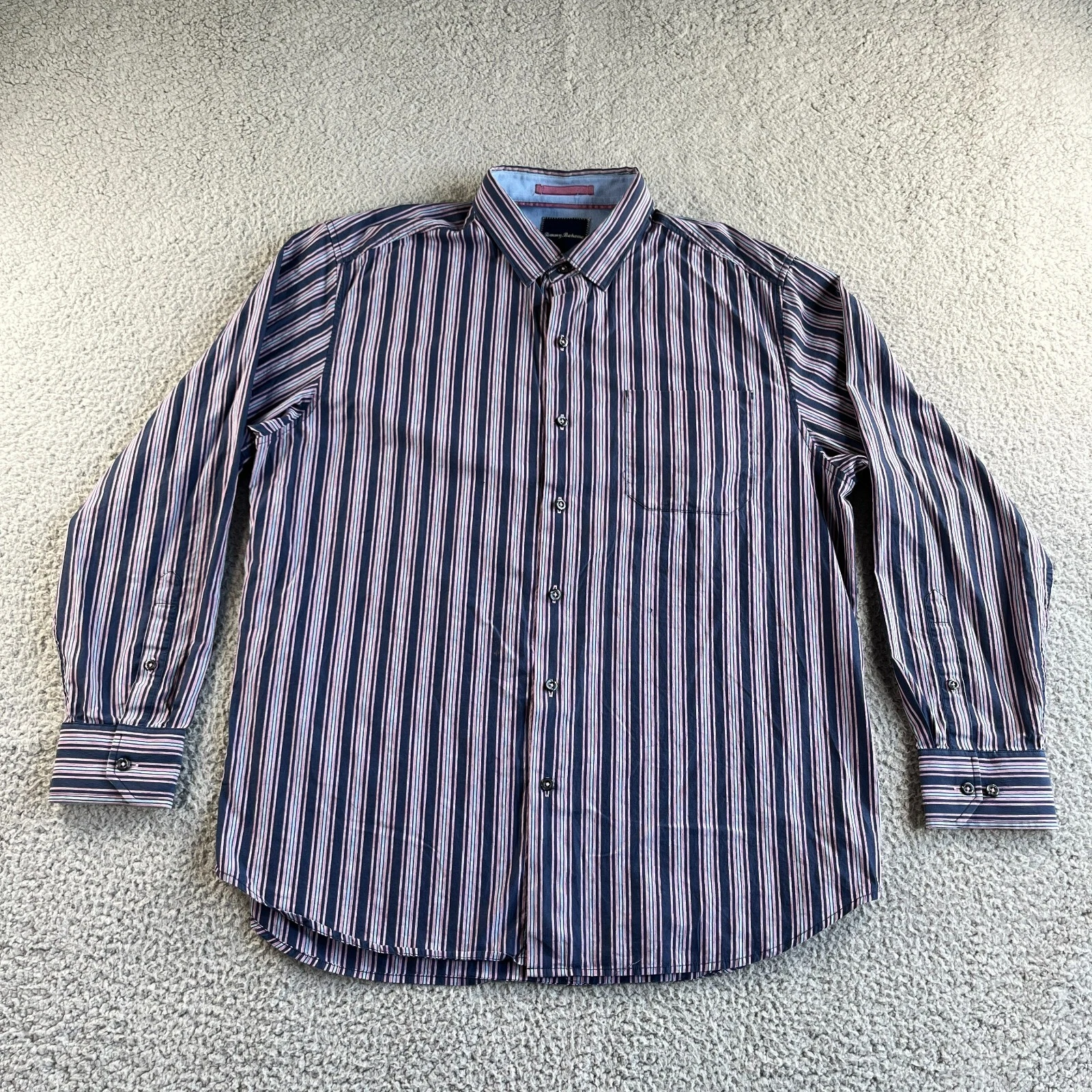 Tommy Bahama Shirt Mens Large Blue Pink Striped Button Up Casual Outdoor Work