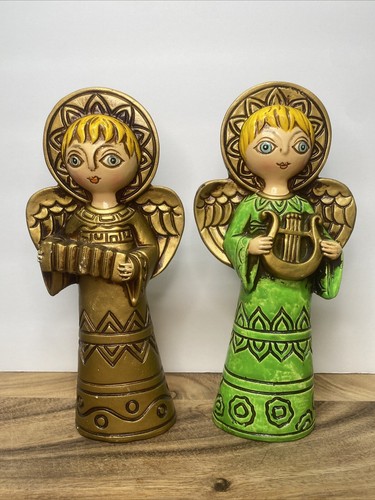 Vintage MCM Ardco Chalkware Engel Japan blaue Augen grün gold Weihnachten Retro Rarität