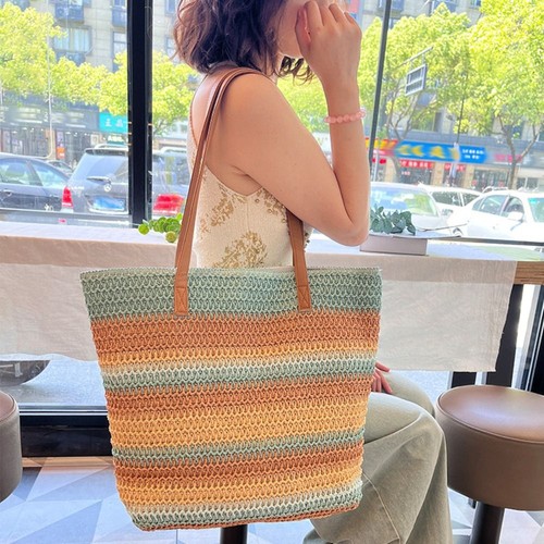 Stripe Contrast Shoulder Bag Hand-Woven Ladies Tote Handbag Summer Beach Bag
