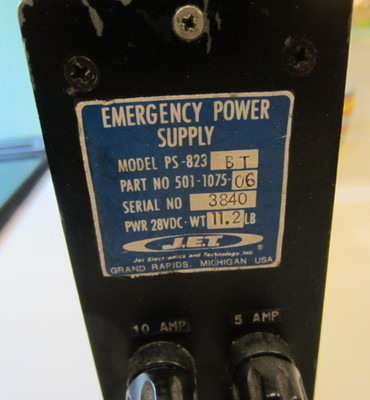 EMERGENCY POWER SUPPLY JET ELECTRONICS PS 823 B/T P/N 501-1075-06 USED AR