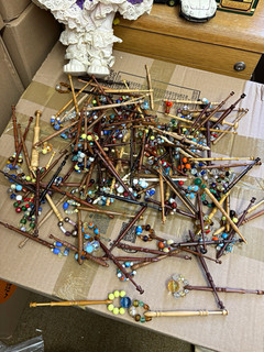 Large vintage Job Lot Wood Lacemaking Bobbins with Glass Bead Spangles Beaded