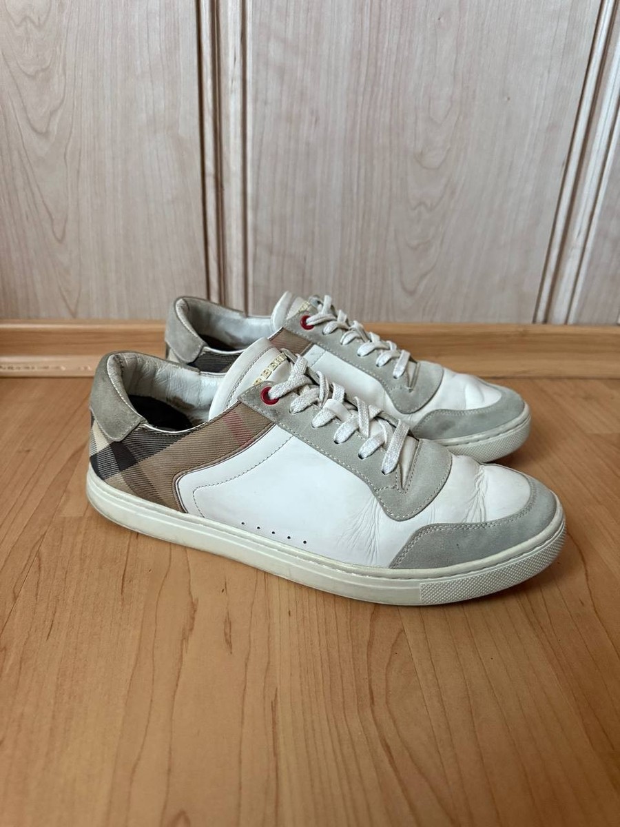 BURBERRY LONDON ENGLAND WHITE LOW TOP SNEAKERS LEATHER SHOES CHECK