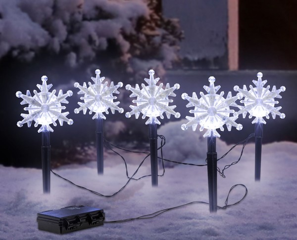 Led Garten Stecker 5 Schneeflocken - 21Cm - AußEn Weihnachts Deko Timer Batterie-image