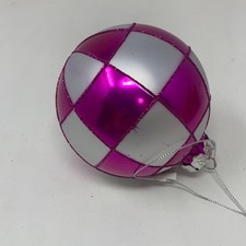Holiday Lane Pink/Silver Checkered Glass Ball Ornament 3.5 in