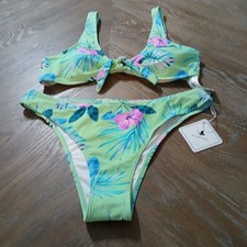 Kamoni Bikini Green Floral Print Scoop Neck Bowknot Front NWT Sz L
