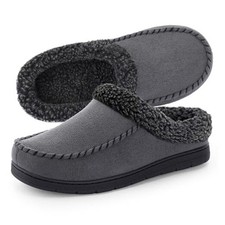 Men's Warm Fuzzy Moccasin Clog Slipper, Slip on Winter Comfy 9-10 Dark Grey