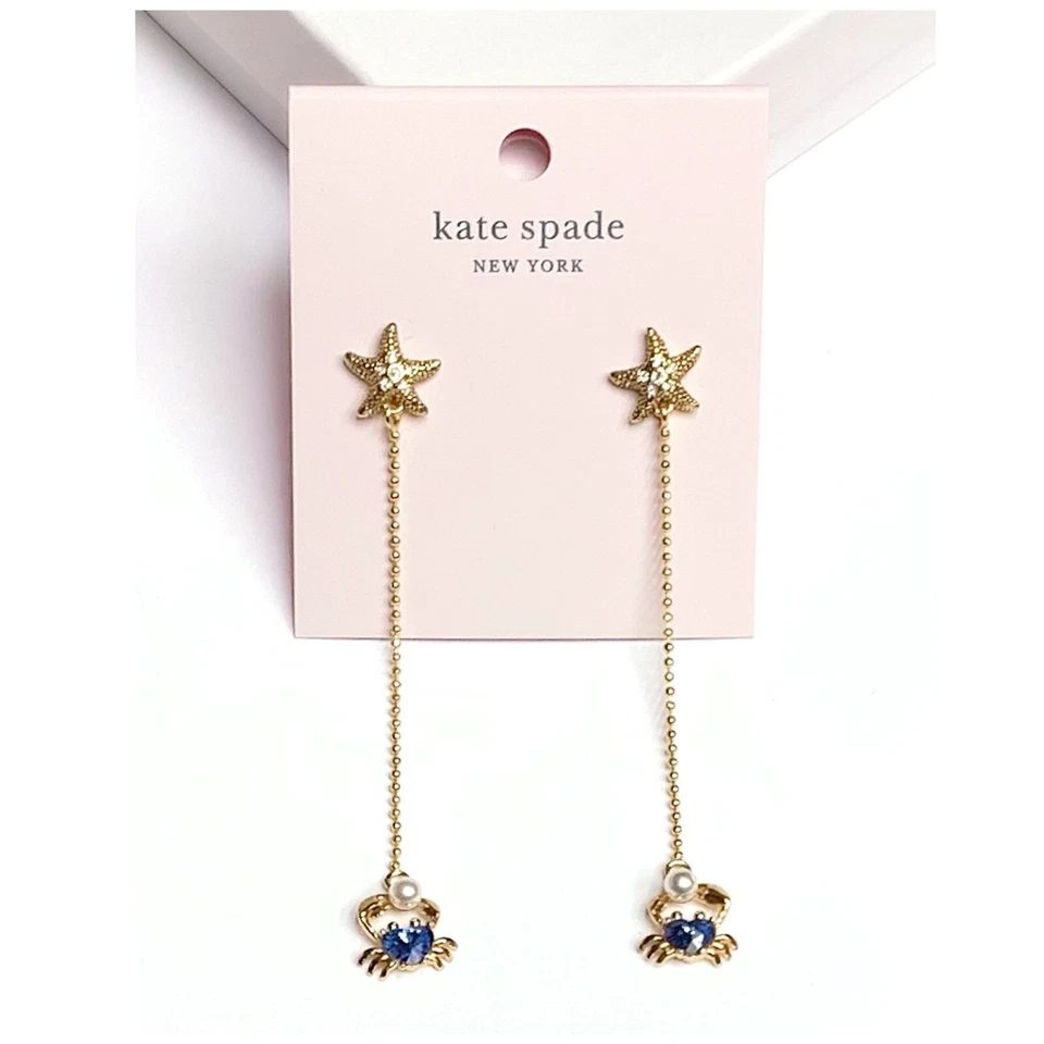 Brincos novos com etiquetas Kate Spade SEA STAR CRAB 12-K folheados a ouro pedra/vidro pérola gota - Imagem 4 de 4