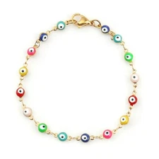 7 Inch Gold 304 Stainless Steel Puffed Round Evil Eye Bezel 2 Sided Bracelet