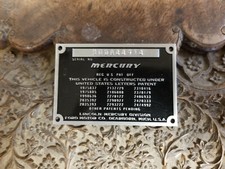 Mercury Cars 1946 - 1950s Patent & Data Plate Acid Etched in Aluminum