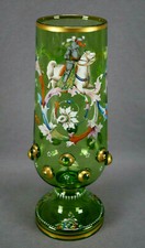 Harrach Bohemian Hand Enamelled Floral Scrollwork Medieval Knight Glass Vase B