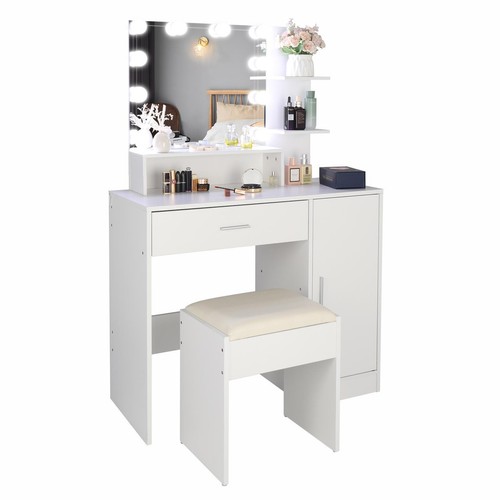 LED Mirror Dressing Table Vanity Set with Stool Storage Cabinet Drawer Shelf - Picture 8 of 10