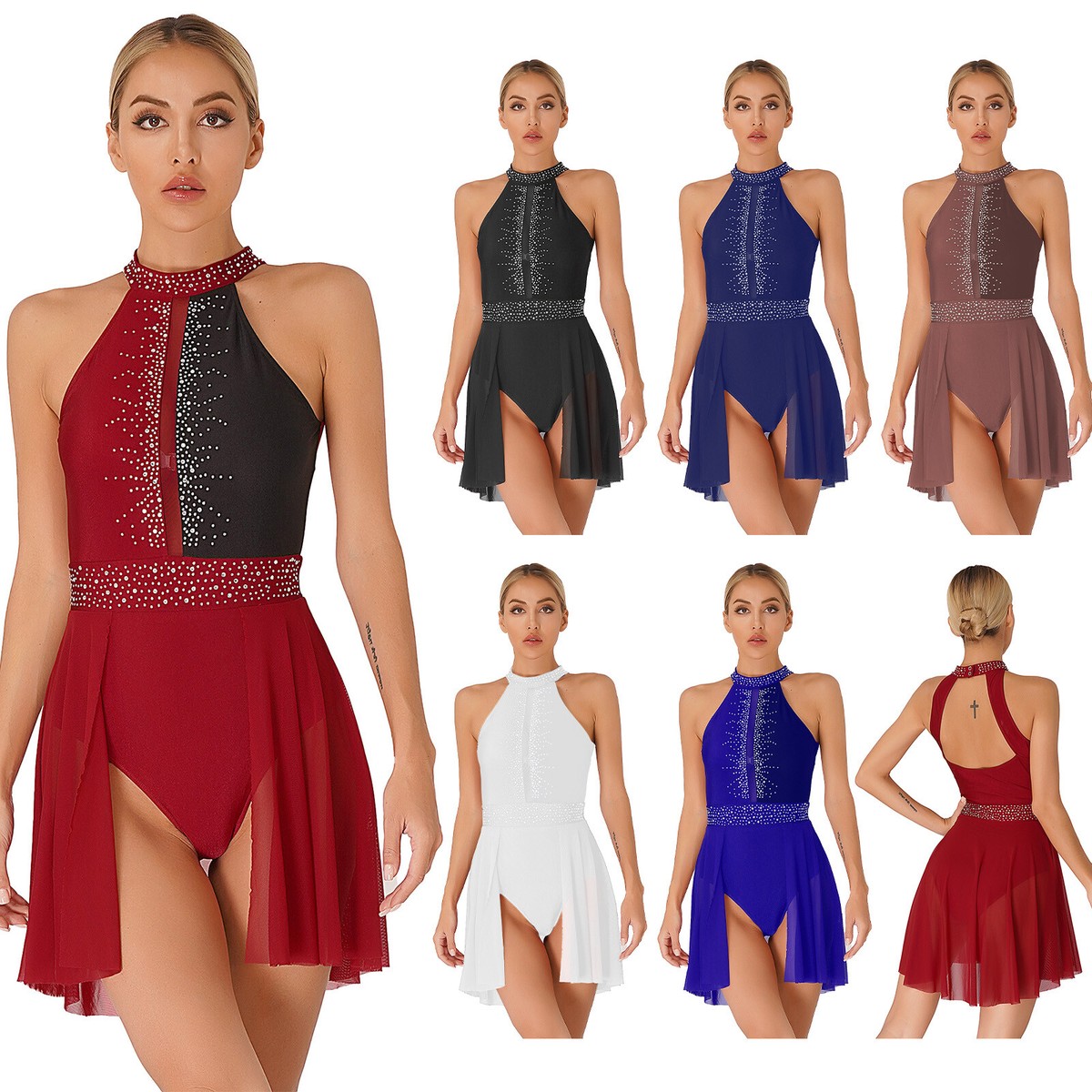 Womens Figure Skating Sparkly Leotard Slim Fit Dance Dress Backless Dancewear Womens Figure Skating Sparkly Leotard Slim Fit Dance Dress Backless Dancewear