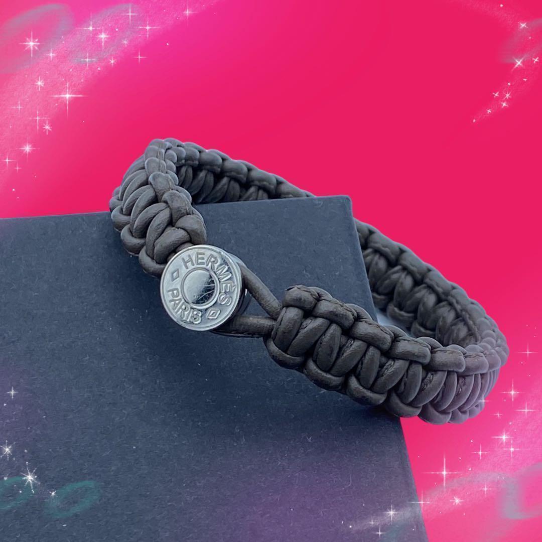 HERMES Leather Braided Bracelet Silver Hardware Gray 7.1in HERMES Leather Braided Bracelet Silver Hardware Gray 7.1in