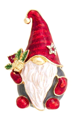 Napier Red Gnome Xmas Brooch Pin NEW Gold Tone w Gift Box Enamel Santa Brownie